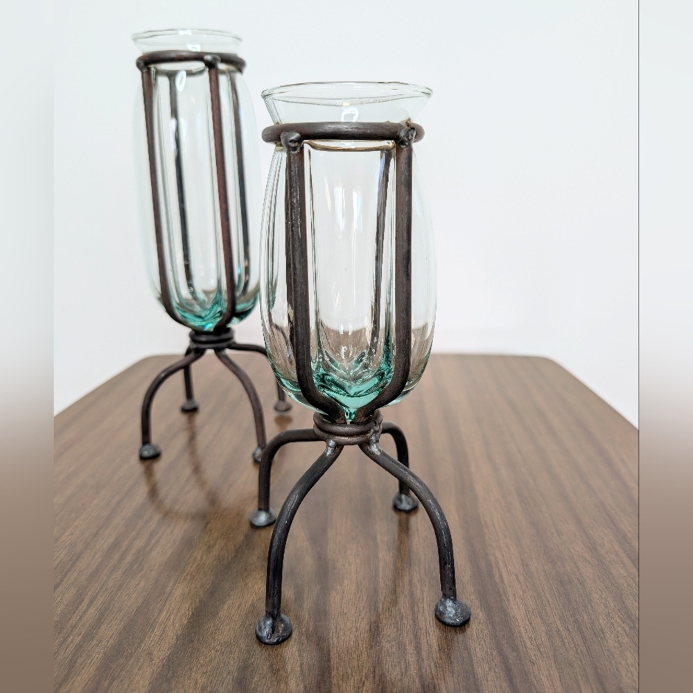 Pair Of Blown Caged Glass & Wrought Iron Metal Footed Vases Industrial Brutalist - Picture 4 of 14